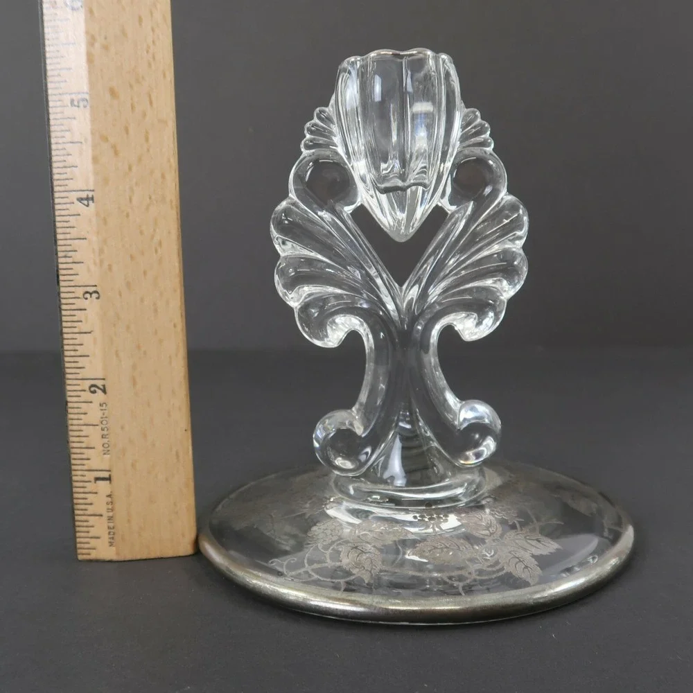Glass Candle Holders Silver City Grapes Raspberry Clear Silver Overlay 5.5